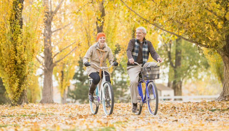 Fietsende mensen in een herfstbos