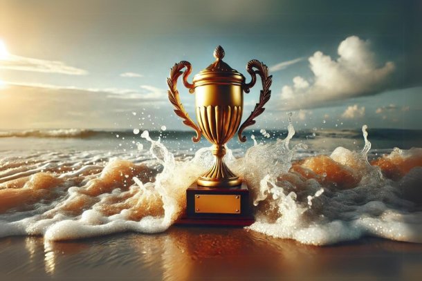 Een gouden trofee staat stevig op het natte zand van een strand, terwijl golven tegen de basis van de trofee aanslaan. Het water spat dynamisch op, wat beweging en energie toont. De lucht is helder met een paar wolken, en het zonlicht glinstert op de trofee, waardoor deze helder schijnt.